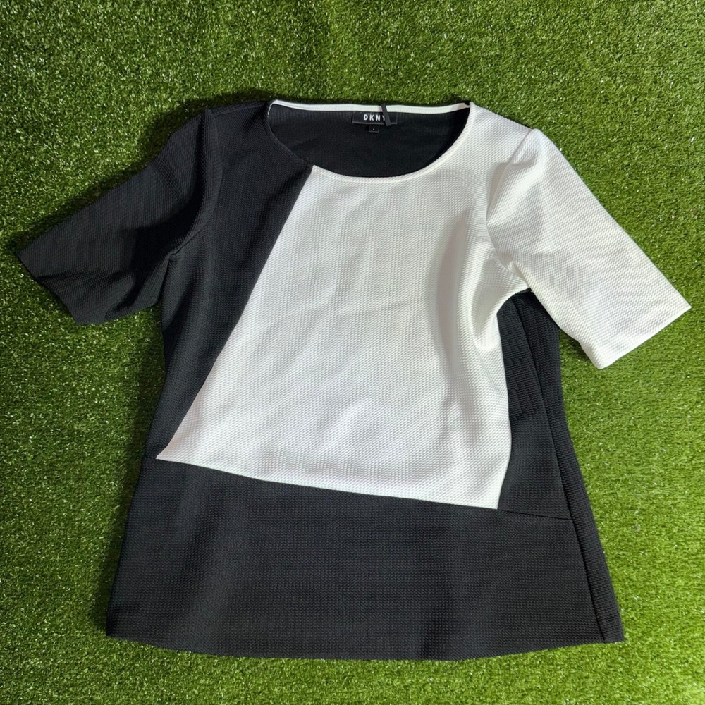DKNY Womens Black White Colorblock Textured Short Sleeve Top Size L‎ Geometric